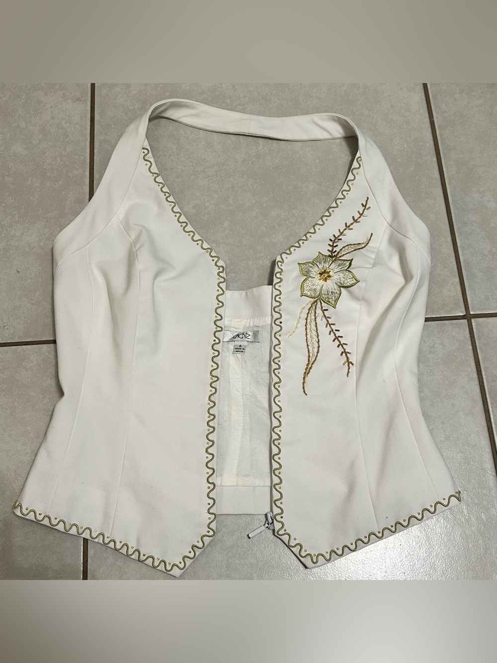 Cache White Halter Top with Green Embroidered Flower - Picture 2 of 7